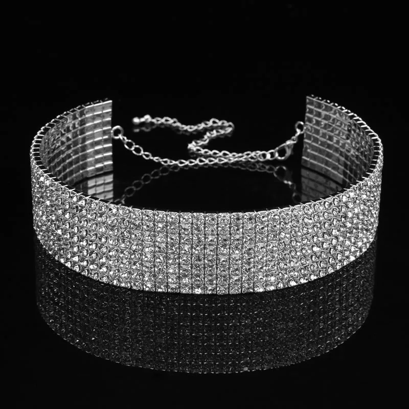 8 row rhinestone BLIJERY Элегантные Свадебные Пром Полный Стразы чокер ожерелье с цепочкой для женщин Серебряный Кристалл колье ожерелье эластичный шнур - Окраска металла: 8 row rhinestone