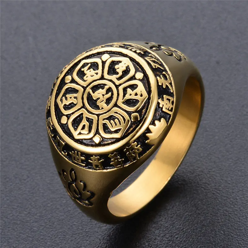 Gold Ring Винтажное религиозное кольцо сплав Ом Мани Падме ГУМ Лотос санскрит амулет палец кольца для мужчин женщин avalokitesvara bodhisattva панк - Цвет основного камня: Gold Ring