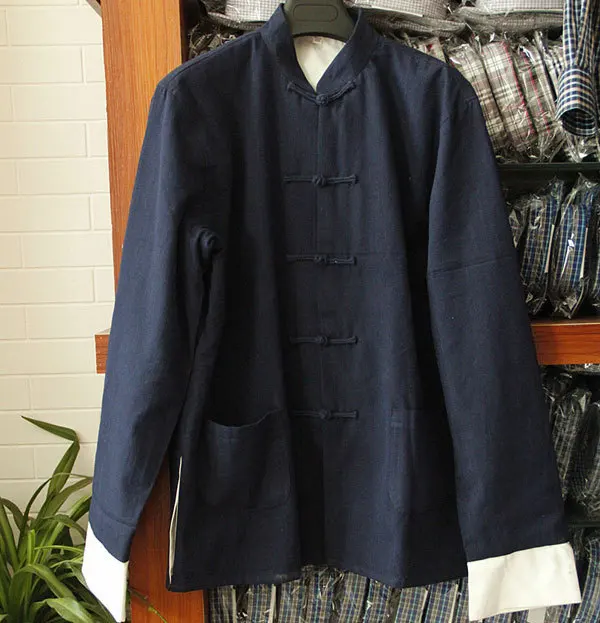Navy Blue Мужской костюм в стиле Танг размера плюс M-4XL с длинным рукавом, двусторонняя традиционная китайская одежда, костюм в стиле Тан, мужская униформа кунг-фу - Цвет: Navy Blue