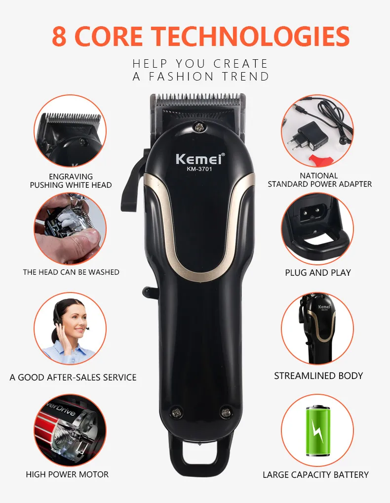 Kemei-3701, профессиональная машинка для стрижки волос, мощный электрический беспроводной триммер для волос для мужчин, машинка для стрижки бороды, перезаряжаемая машинка для стрижки волос