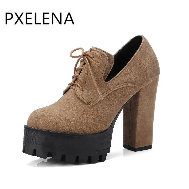 Женские туфли из флока PXELENA черные на квадратном каблуке шнуровке в стиле ретро