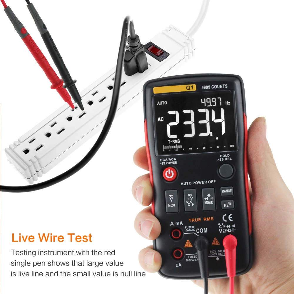 Q1 True-RMS Digital Multimeter Auto Button 9999 Counts With Analog Bar Graph AC/DC Voltage Ammeter Current Ohm Transistor Tester