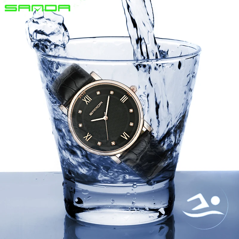 SANDA брендовые модные кожаные часы женские с кристаллами Элегантные наручные Geneva
