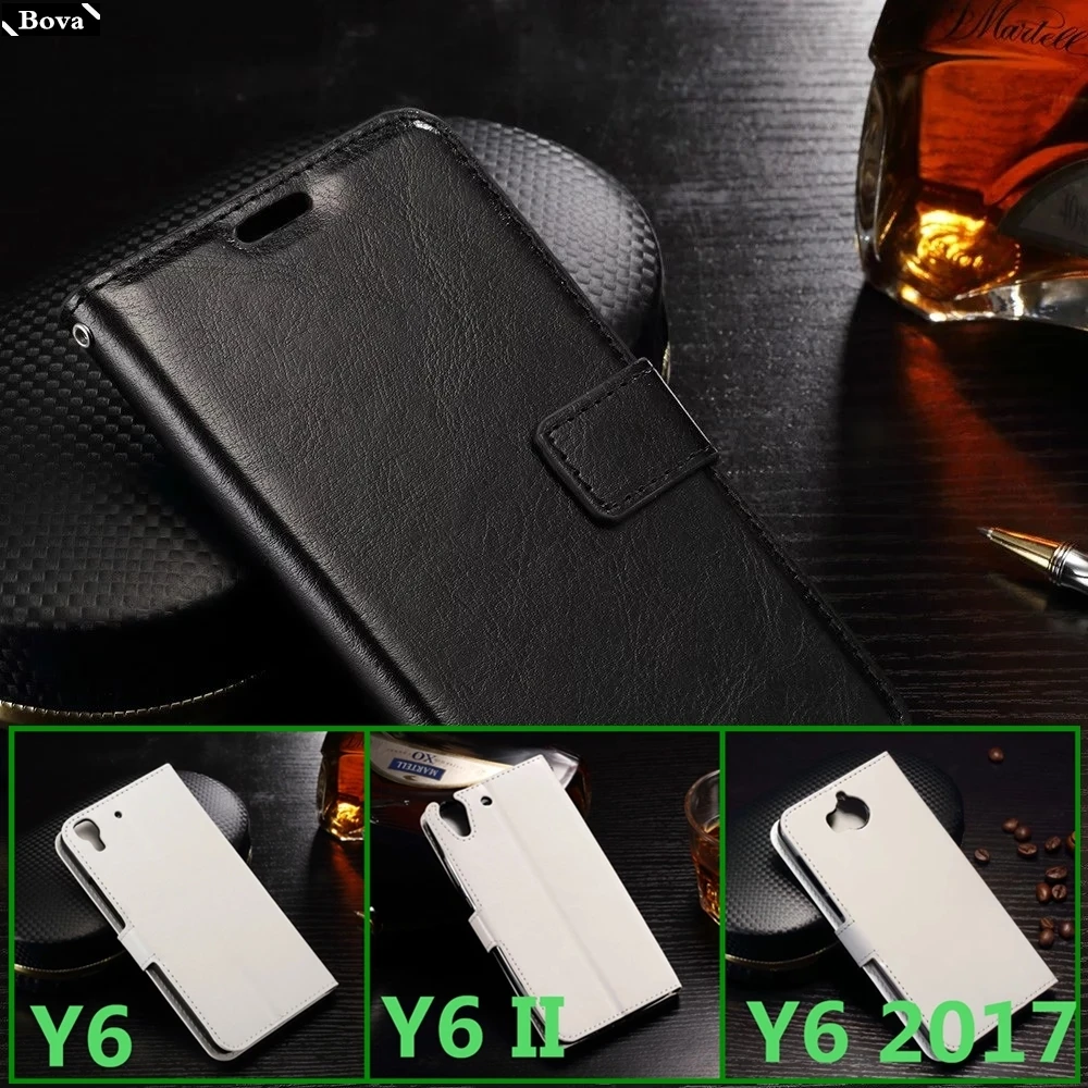 Черный Держатель для карт крышка чехол для huawei Y6 Y6 II Y6 Prime чехол для телефона из искусственной кожи с откидной крышкой - Цвет: Черный