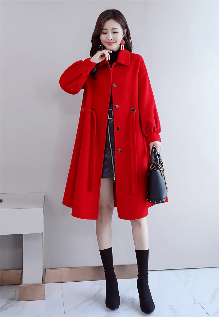 2019 spring new women woolen coat female long section slim versatile tie with solid color woolen coat A87