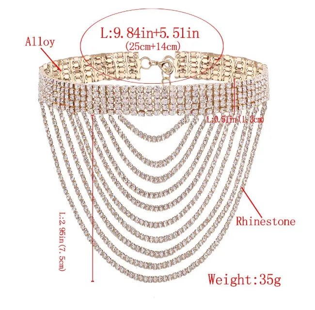 Роскошные Стразы, цепочка, кисточка, колье, ожерелье для женщин, массивный слой, кристалл, подвеска, колье, воротник, модное ювелирное изделие, колье