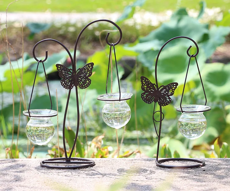

1PC Butterfly Hydroponic Container Plant Glass Bottle Wrought Iron Decoration Flower Arrangement Container Hanging Vase JL 285