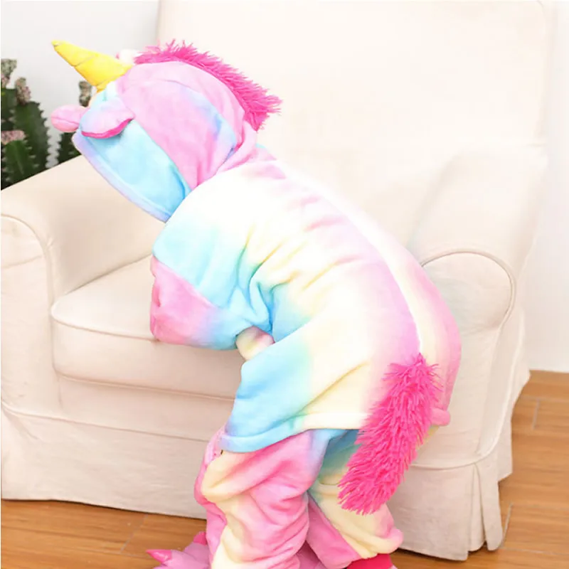 Rainbow Pegasus Фланелевая Детская Пижама; комплект зимней одежды с капюшоном с изображением единорога, Пикачу, стежка; детские пижамы для мальчиков и девочек; одежда для сна; комбинезоны - Цвет: Rainbow Pegasus