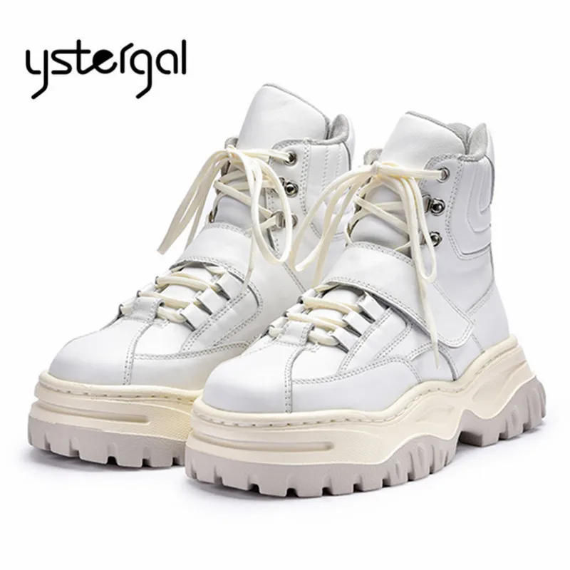Белые женские ботильоны Ystergal кроссовки на шнуровке криперы платформе сапоги для