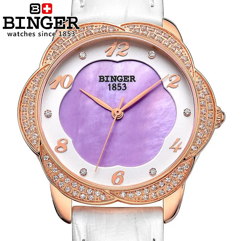 

Switzerland Binger Women's watches fashion luxury Wristwatches leather strap quartz flower diamond clock B3028-3