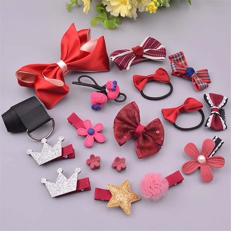 1 Set(17pcs) Mix Style Girls Hair Bows Kits with Full Covered Clips Hairclips Ties Crown Kids' Accessories | Детская одежда и