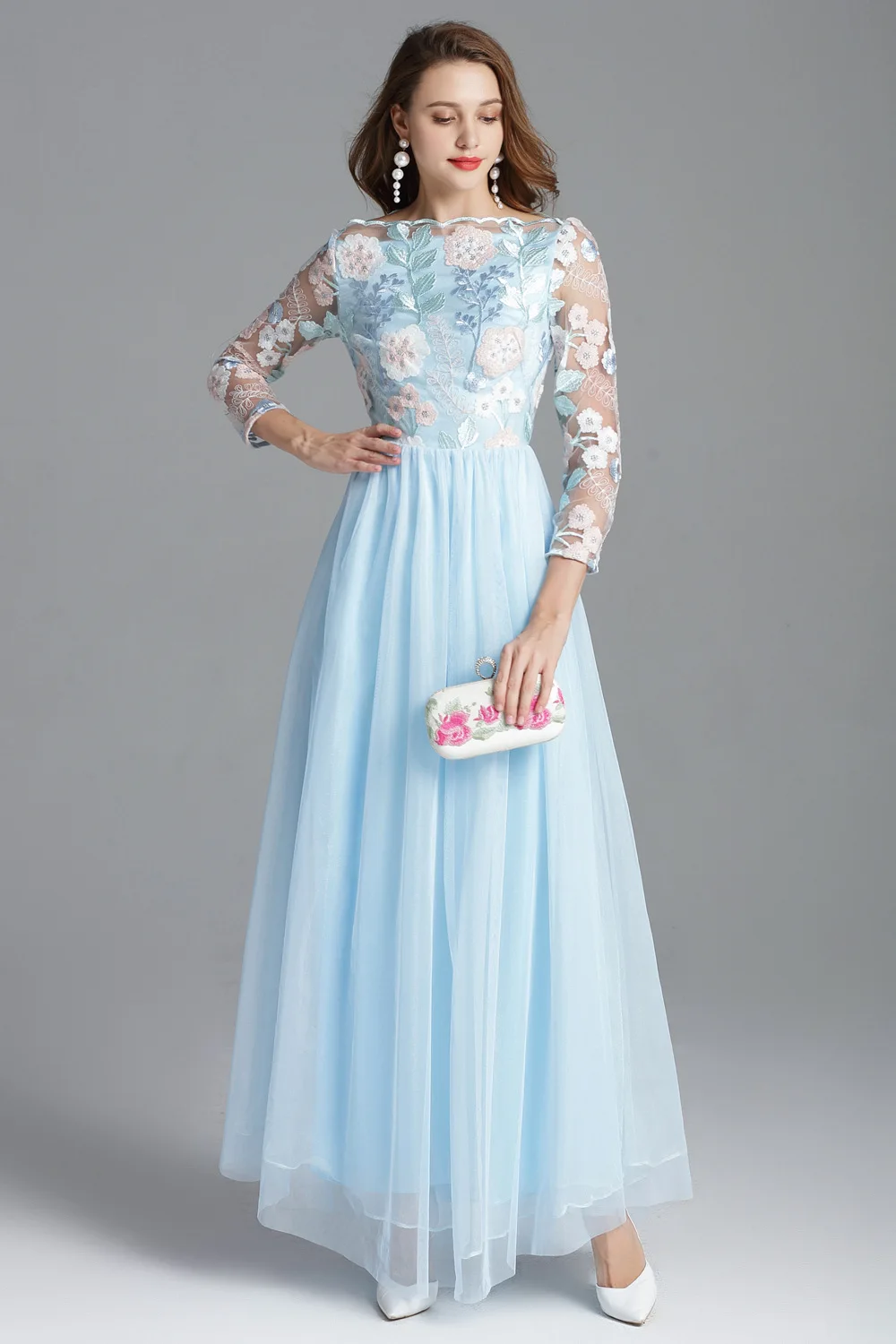 Платье женское осеннее с длинным рукавом и цветочной вышивкой|runway dress|dress withdress with