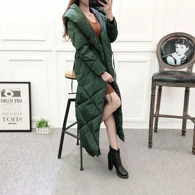 Army green Длинный Зимний пуховик, женское теплое пальто с капюшоном, корейский пуховик, женские пуховики, Брендовое пальто, парка, JL-1802, KJ2616 - Цвет: Army green