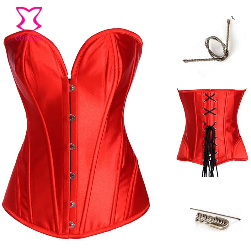 Женский красный атласный корсет со стальными косточками готическая одежда