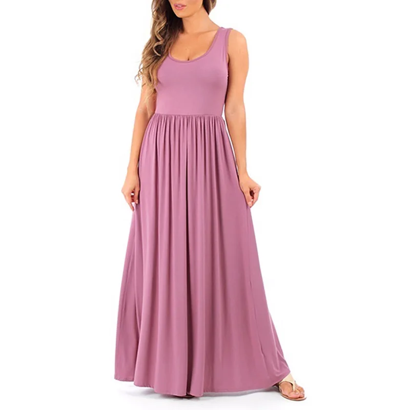 Женское платье летнее без рукавов с О образным вырезом драпировкой одежда для