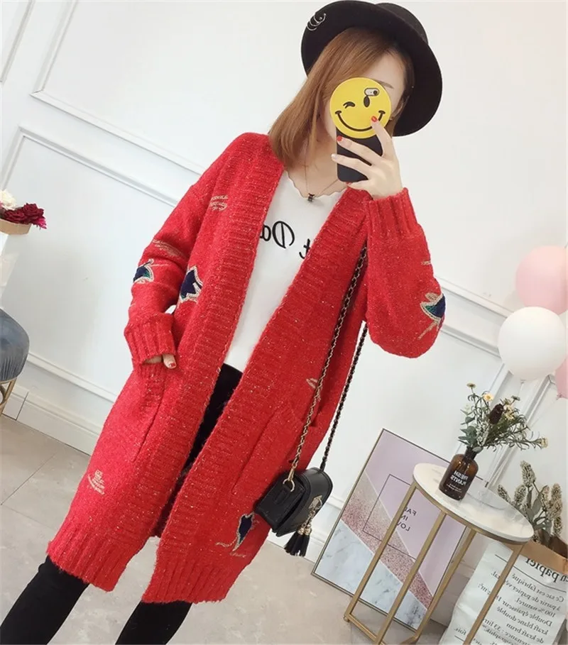 red Длинный кардиган с вышивкой, плотный теплый зимний свитер, куртки для женщин, вязаное пальто, Повседневный свитер для девочек, верхняя одежда X31 - Цвет: red