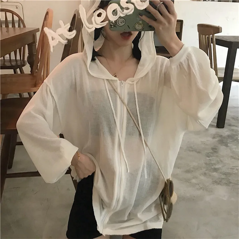 Sun protection womens clothin tide 2019 summer perspective vintage Korean loose hooded Sweaters cardigan hipster coat ladies top |