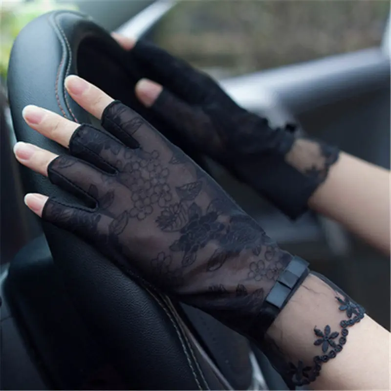One knot black Женские перчатки, летние, солнцезащитные, половина пальцев, ледяные шелковые перчатки, женские, кружевные, короткие, стильные, Нескользящие, с защитой от ультрафиолета, тонкие, для вождения, с полупальцами, FS07 - Цвет: One knot black