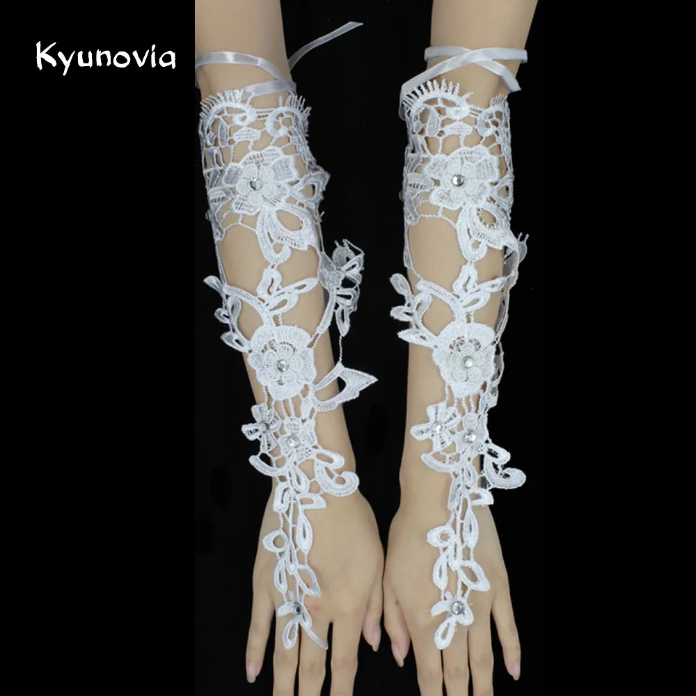 Длинные перчатки без пальцев Kyunovia свадебные на руль шнурках с кристаллами и