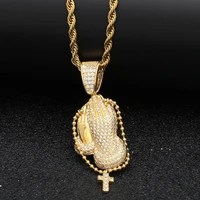 hip hop mens necklace hand holding rosary cross prayer hand micro inlay zircon personality rap nightclub jewelry accessories