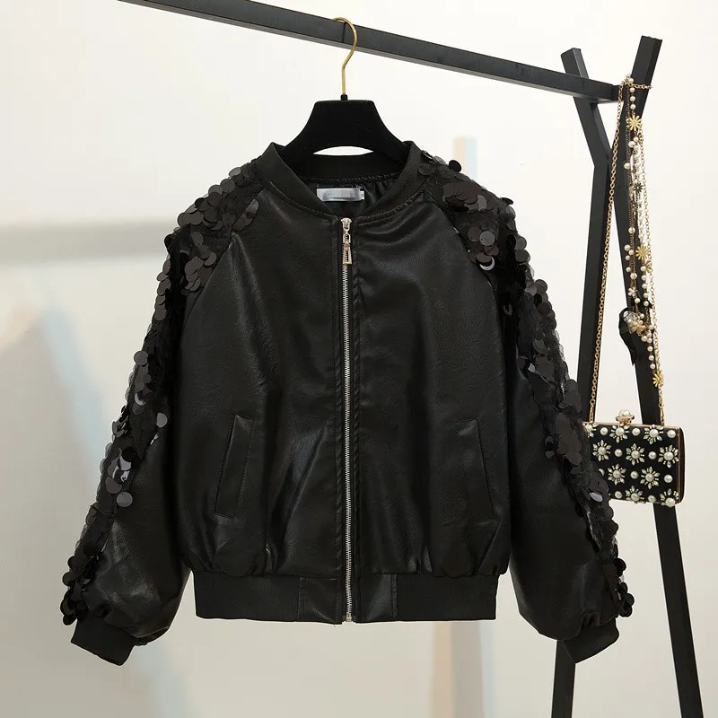 

2018 spring and autumn women's new fashion sequins sleeve pu leather jacket coat female leather baseball uniform bomber jacket