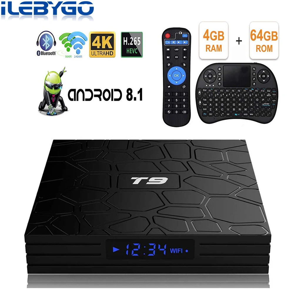 Ilebygo T9 Android ТВ коробка 4 ГБ, 32 ГБ, 64 ГБ OS 8,1 Smart ТВ-бокс на Rockchip RK3328 1080 P H.265 4 K GooglePlay медиаплеер PK H96