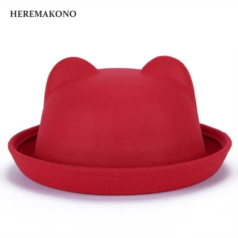 Heremakono Осенне зимняя Дамская обувь Fedora Шапки с милые кошачьи уши Дамы Roll Up Фетр