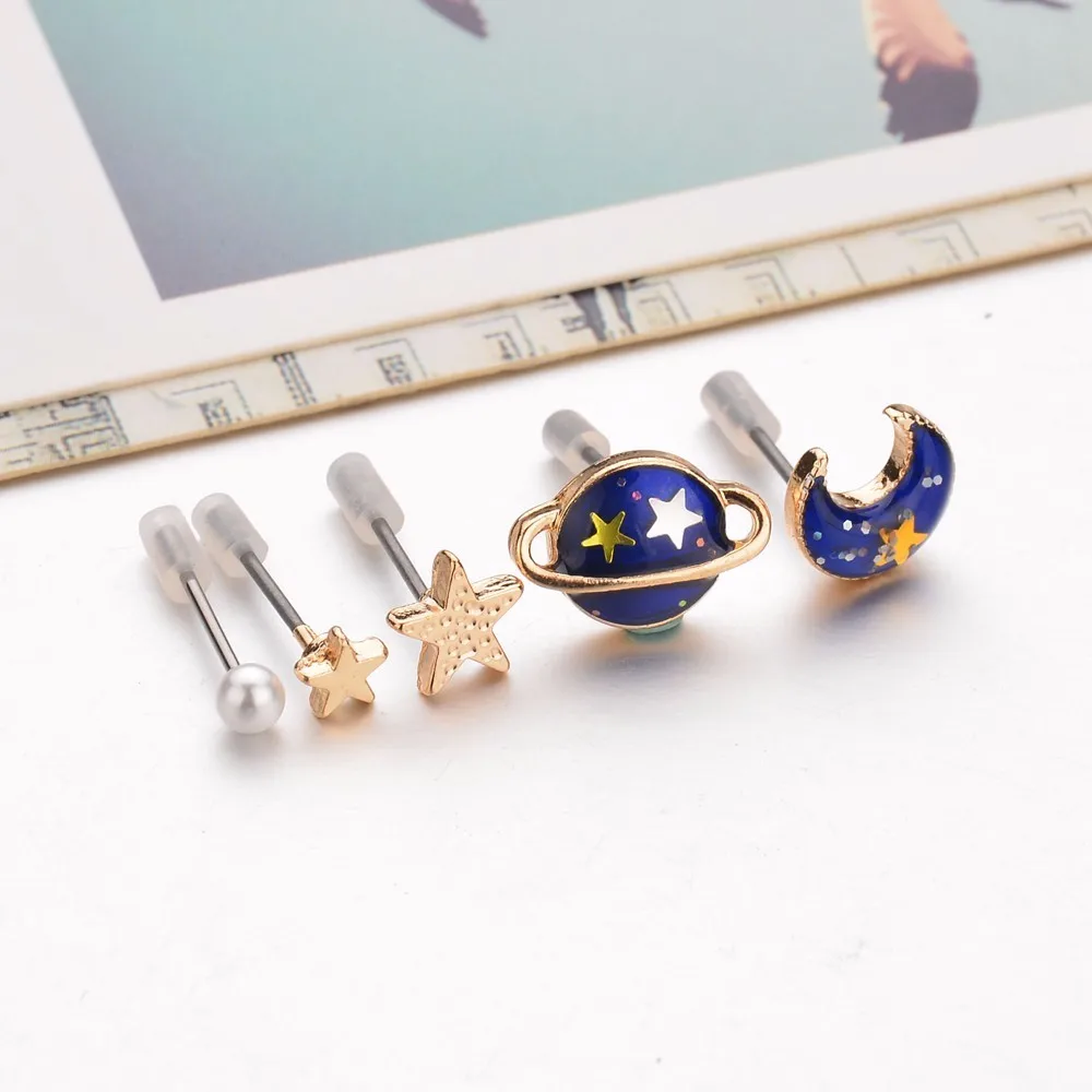 BIG J.W Minimalist Blue Star and Moon Stud Earrings Cute Delicate Yellow Jupiter Earth Personalized 5 Set | Украшения и