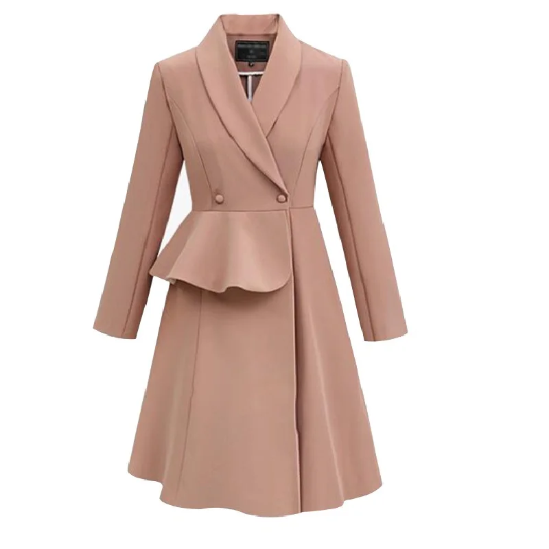 

New Spring Autumn Women Trench Coat Vestidos Plus Size Fashion Turn-Down Collar Slim Solid Ruffles Coat For Women Large Trench