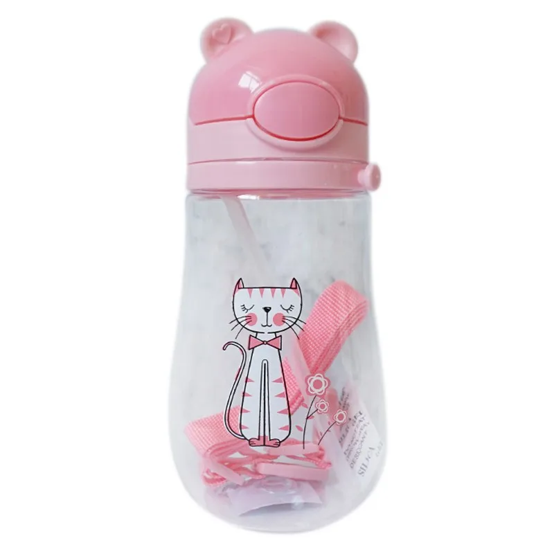 pink Милая Детская школьная чашка для питьевой воды с мультяшным животным, водная напольная чашка с плечевым ремнем 550 мл - Цвет: pink