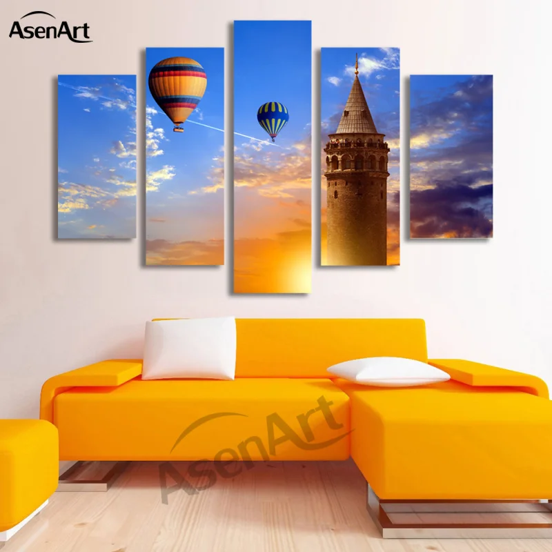 Пейзаж 5 Панель Закат воздушный шар умеренная картина маслом для гостиной