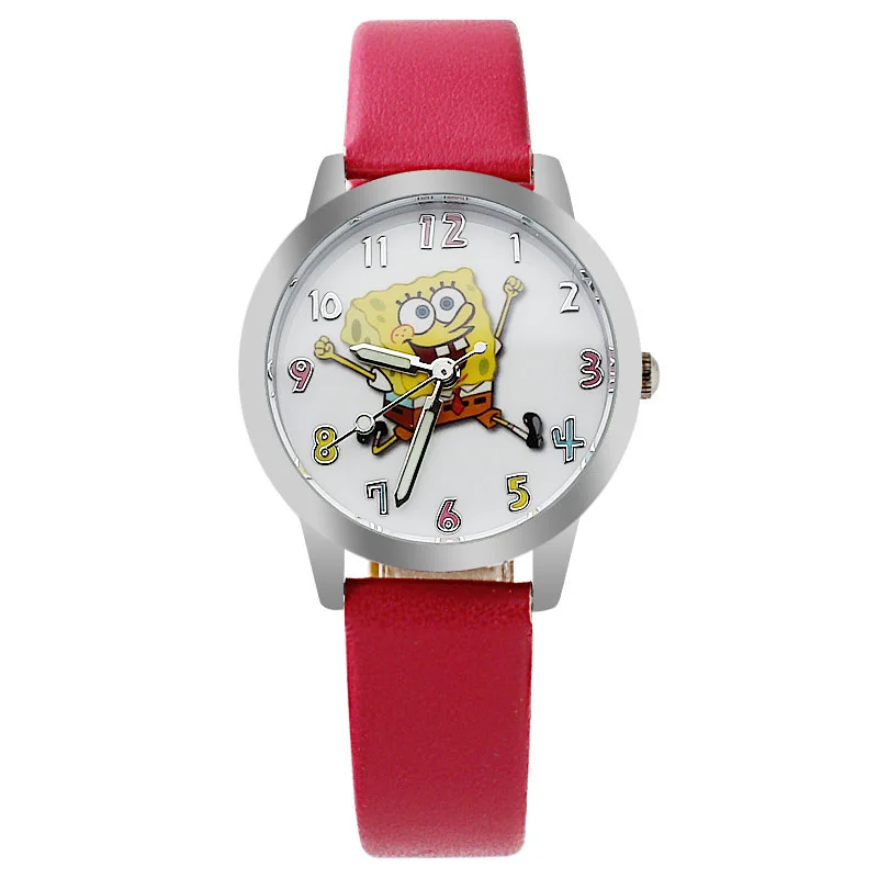 Кварцевые часы для мальчиков и девочек с циферблатом Губка Боб кожаным ремешком