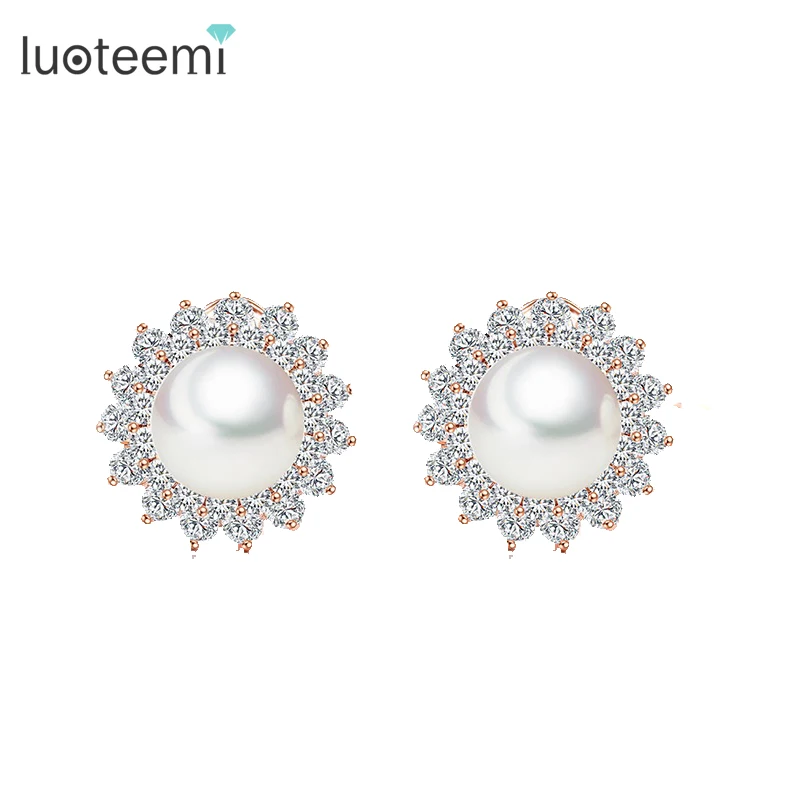 LUOTEEMI Deluxe Fashion Premium Rose Gold-Color Flower Shape Synthetic Pearl French Clip Stud Earring For Women Jewelry Wedding | Украшения