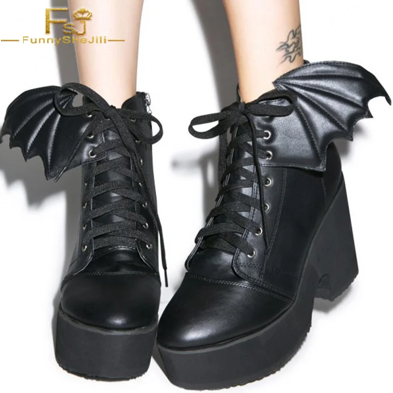 

FSJ 2021 Carnival Autumn Winter Work Night Club School Bat Girl Lace Up Boots Black Chunky Heel Ankle Boots for Halloween 4-16