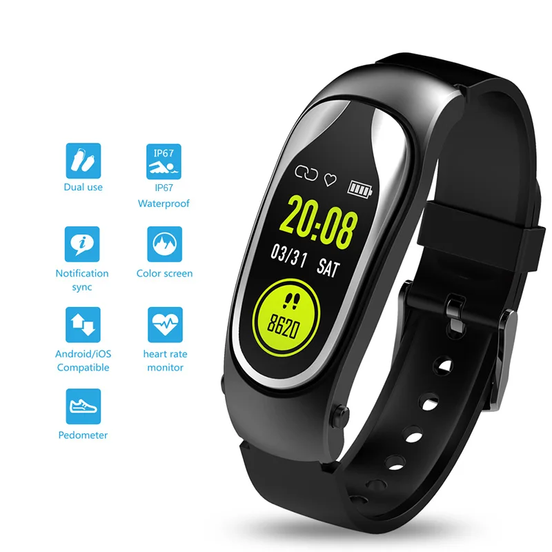Silver Смарт часы с bluetooth наушниками шагомер ответ на вызов бег ходьбы Smartband фитнес браслет умный браслет с гарнитурой для Xiaomi huawei IOS - Цвет: Silver