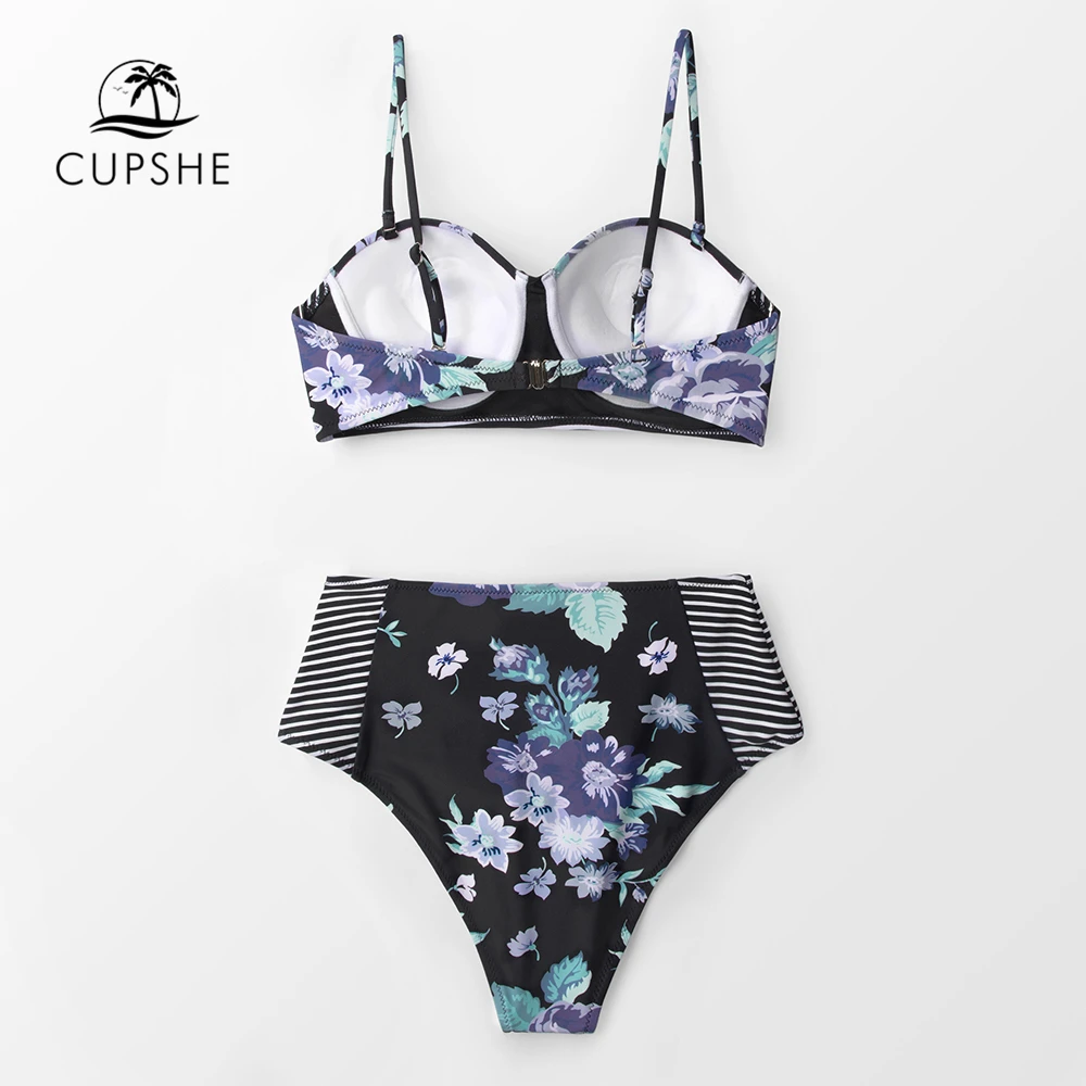 CUPSHE черный цветочный и полосатый женские комплекты бикини Push Up Высокая талия