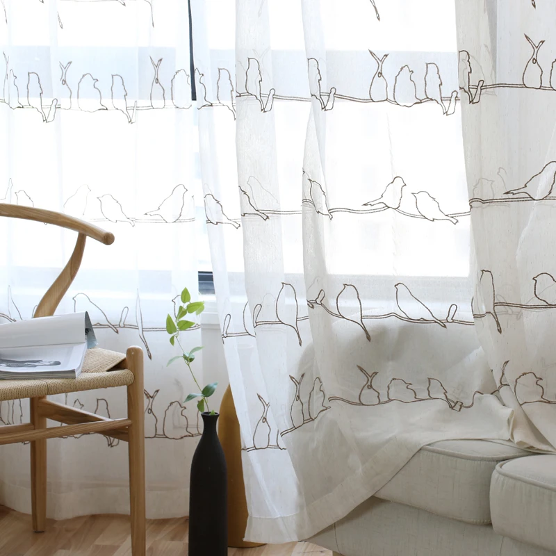 Korean Birds Embroidered Tulle Curtains for the Bedroom Faux Linen Sheer Living Room Ready Made Kitchen | Дом и сад