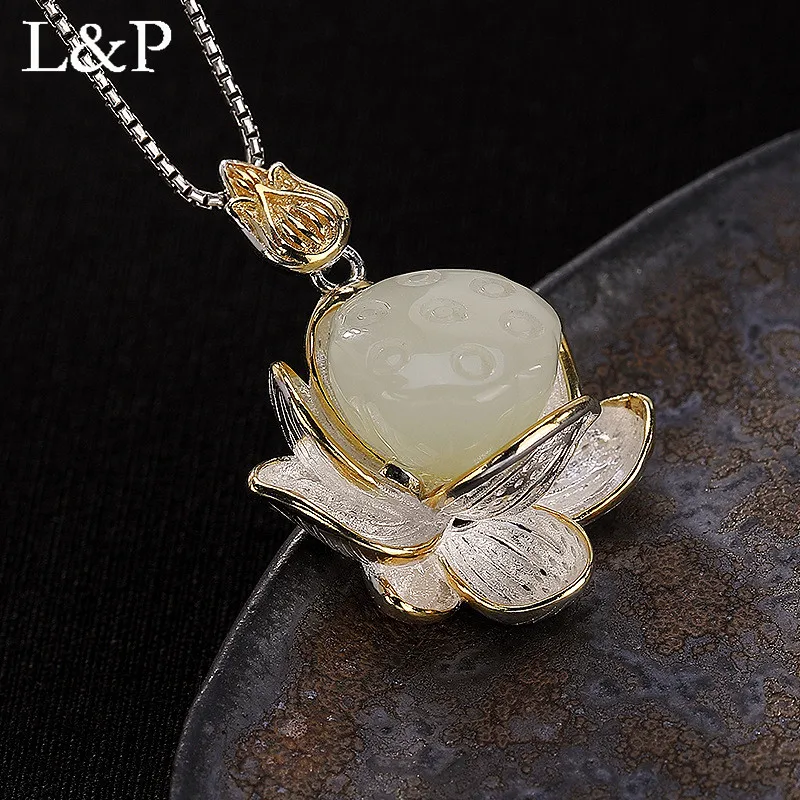 

Real Natural Jade Lotus Pendant Necklace For Women Elegant & Luxury Real 925 Sterling Silver Necklace Fine Jewelry 2018