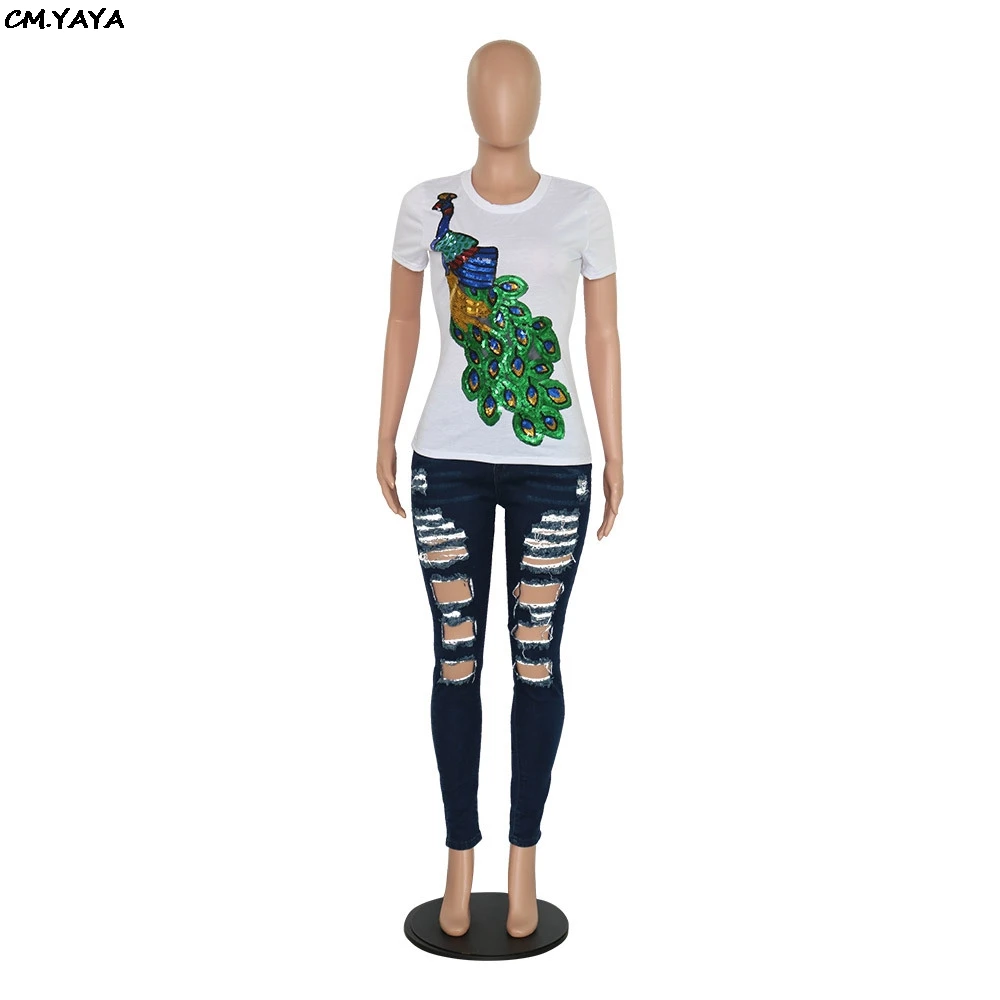 2019 women summer Peacock sequins splicing o-neck short sleeve tee top vintage classic white t-shirt fashion t shirts GLA6204 | Женская