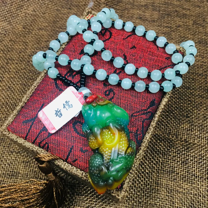 

New Natural Colorful Stone Pendant Carved Light Multi-Color Good Fortune Beast Pendant with Light Green Bead Chain