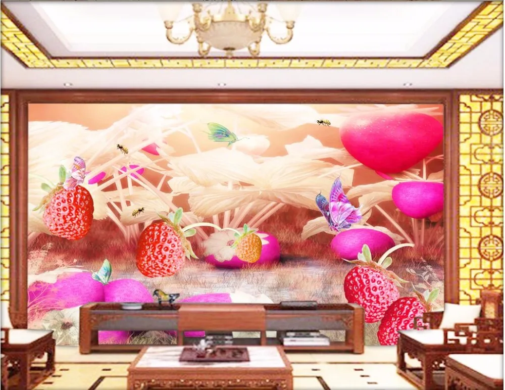 

3d wallpaper custom photo Cartoon strawberry garden butterfly bee 3d wall murals wallpaper living room decoration painting