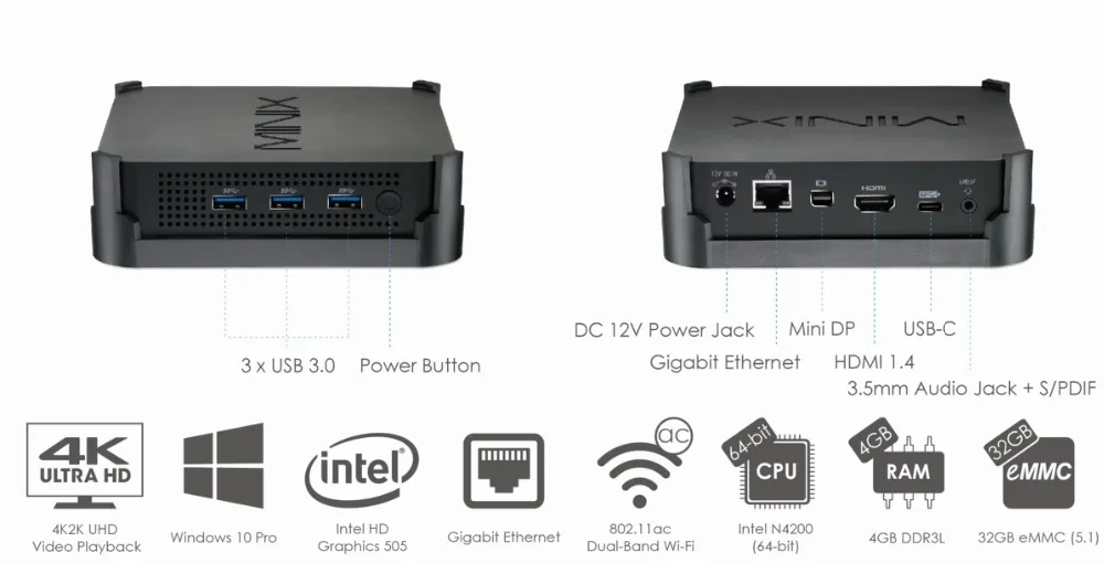 MINIX NEO N42C-4 MINI PC официальный Windows 10 Pro 64-bit Мини ПК 4G/32G Gigabit WI-FI USB 3,0 Pentium N4200 Карманный ПК HDMI BT RJ45