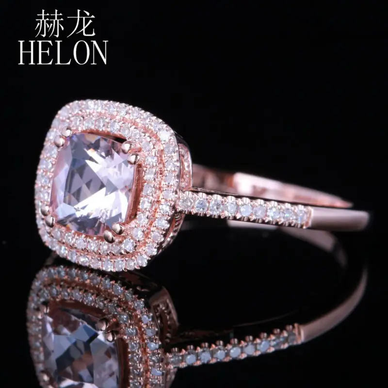 HELON Solid 14 к розовое золото 6 мм Подушка 0.85CT натуральный морганит проложить 0.3ct алмазное обручальное кольцо для женщин ювелирные украшения
