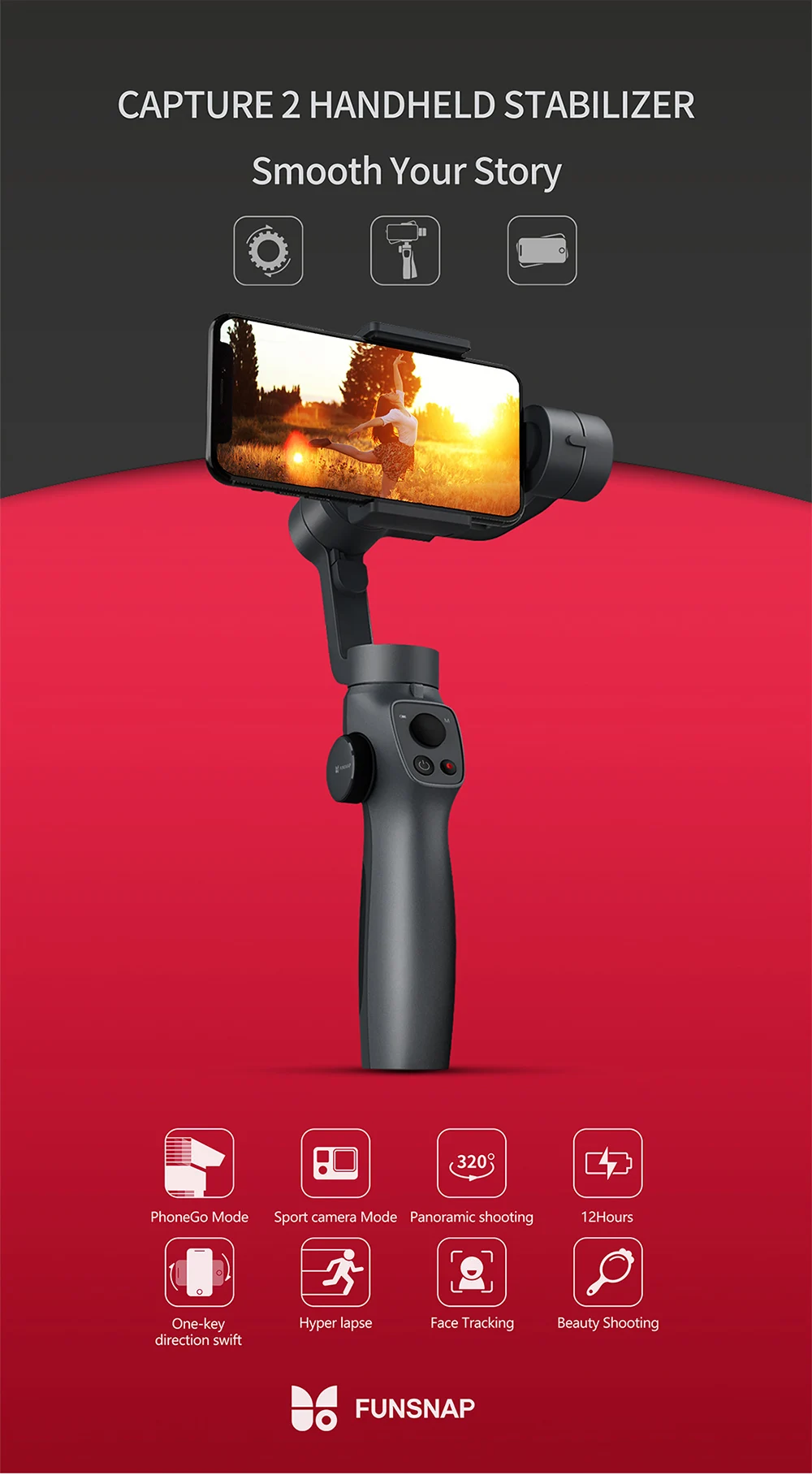 Ручной карданный стабилизатор для камеры FUNSNAP Capture 2 с 3 Осями для смартфона