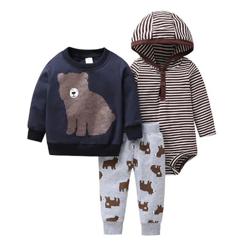 

2019 New 3pcs Set Baby Boys Girls Cartoon T-shirt long Sleeved bodysuit Print Pants PP Cotton Newborn stripe Clothing Sets