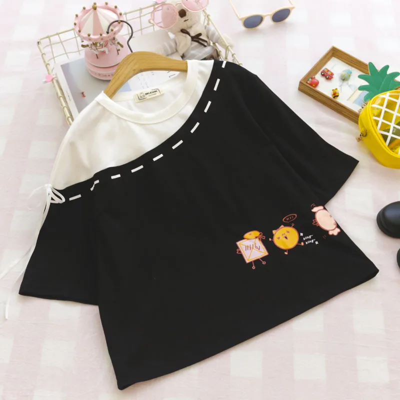 Black Tops Милые кошачьи ушки в стиле Лолиты, футболка для женщин, каваи, клубника, забавные, 90 s, для девочек, женские Т-образные топы, милые розовые футболки с рисунком в виде сердца - Цвет: Black Tops