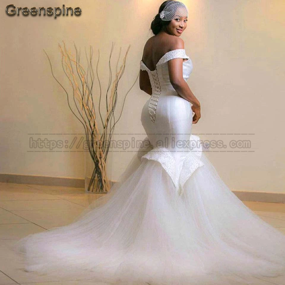 Plus Size Mermaid Wedding Dresses 2019 Caftan Mariage Satin Elegant Bridal Dress Pearls Beading Gown Off the Shoulder | Свадьбы и