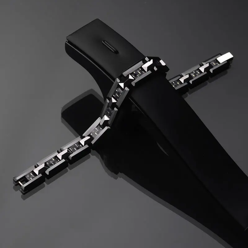 Мужской черный браслет из керамики и вольфрама H Style инкрустация углеродного