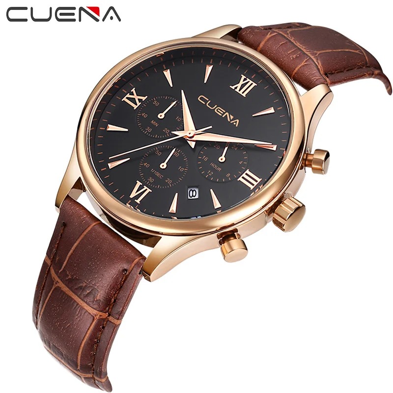 CUENA бренд для мужчин кварцевые часы мужской моды хронограф кожа Relojes Relogio Masculino