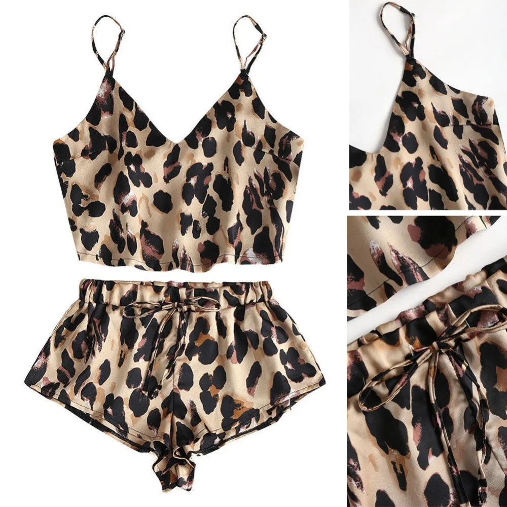 Новинка 2 шт. Женская пикантная майка на бретелях-спагетти шорты с леопардовым